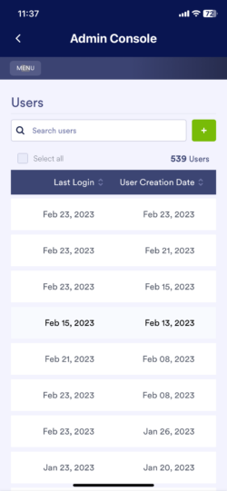Screenshot of the Jotform Enterprise Mobile app's "Users" tab, displaying a list of Enterprise account users