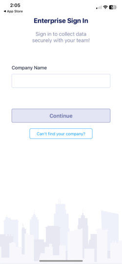 Screenshot of the Jotform Enterprise Mobile app home screen with a text input field for entering a company name