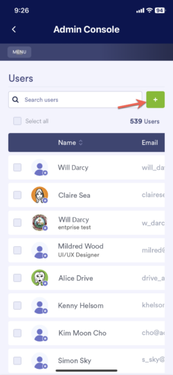 Screenshot of the Jotform Enterprise Mobile app's admin console menu with the "Add Users" option highlighted