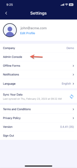 Screenshot of the Jotform Enterprise Mobile app with the admin console menu open