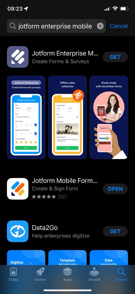 Screenshot of a mobile phone showing the App Store search bar with the text "Jotform Enterprise Mobile