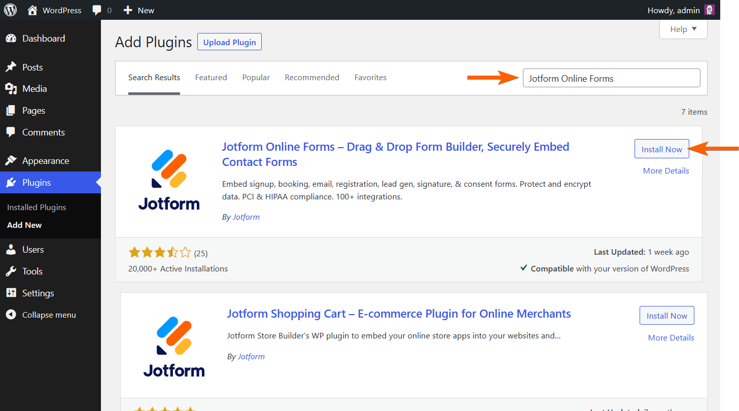panah menunjuk ke plugin bilah pencarian dan tombol instal plugin Formulir Jotform Online pada halaman wordpress untuk tambah plugin