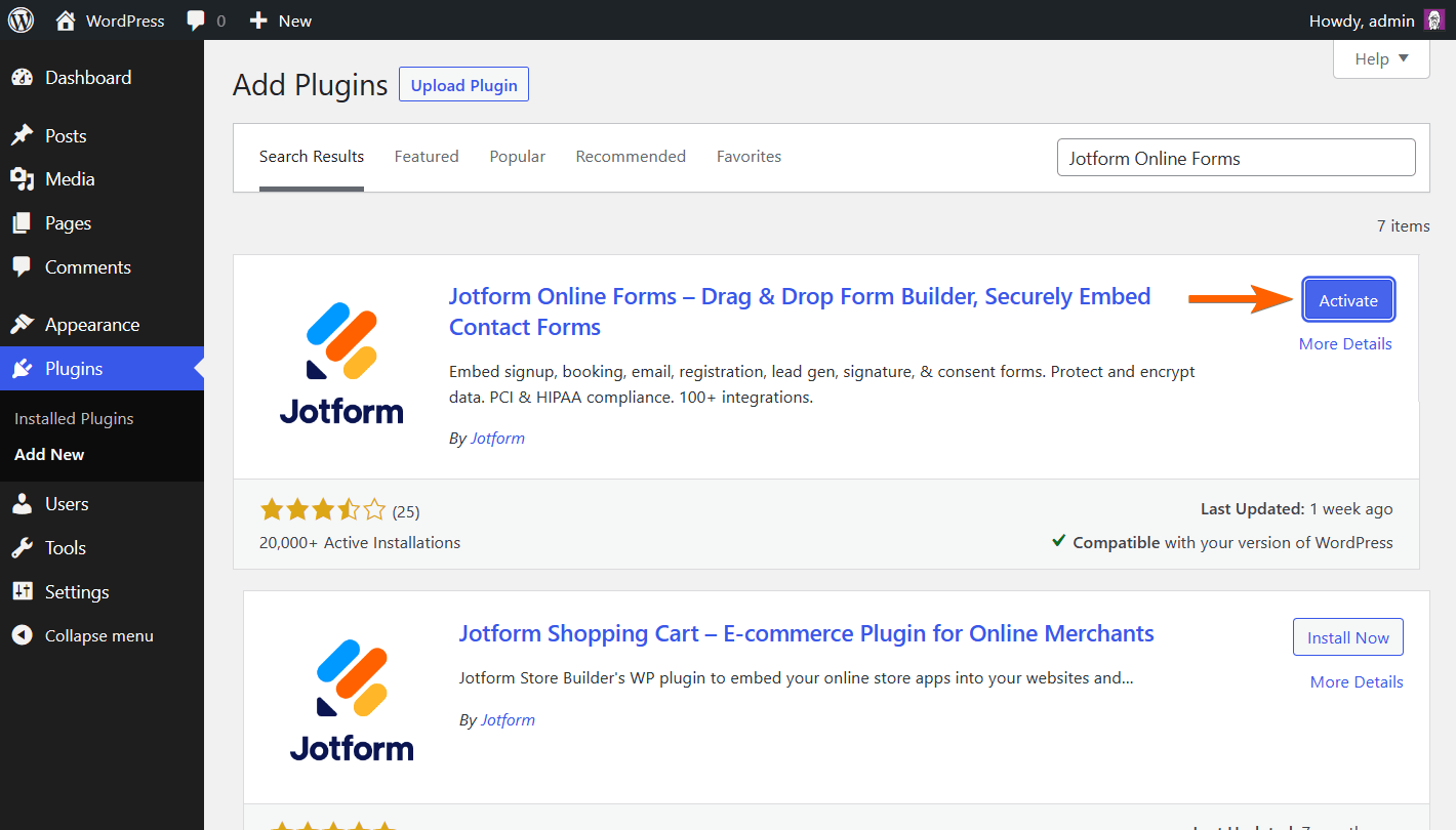 panah menunjuk ke tombol aktifkan plugin Formulir Online Jotform pada halaman wordpress untuk tambah plugin