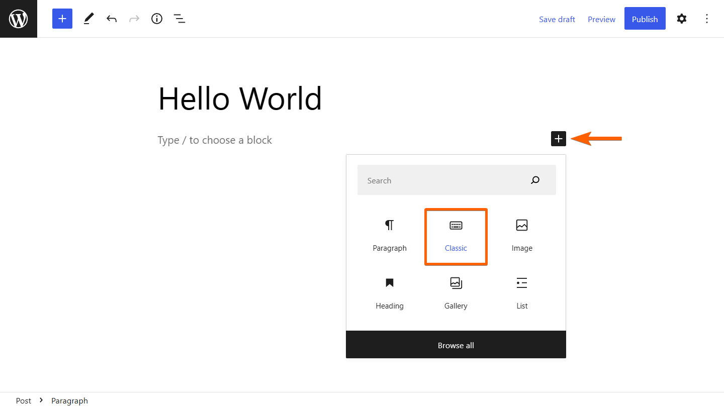 sorotan untuk mengakses blok Klasik pada wordpress untuk editor WYSIWYG Gutenberg
