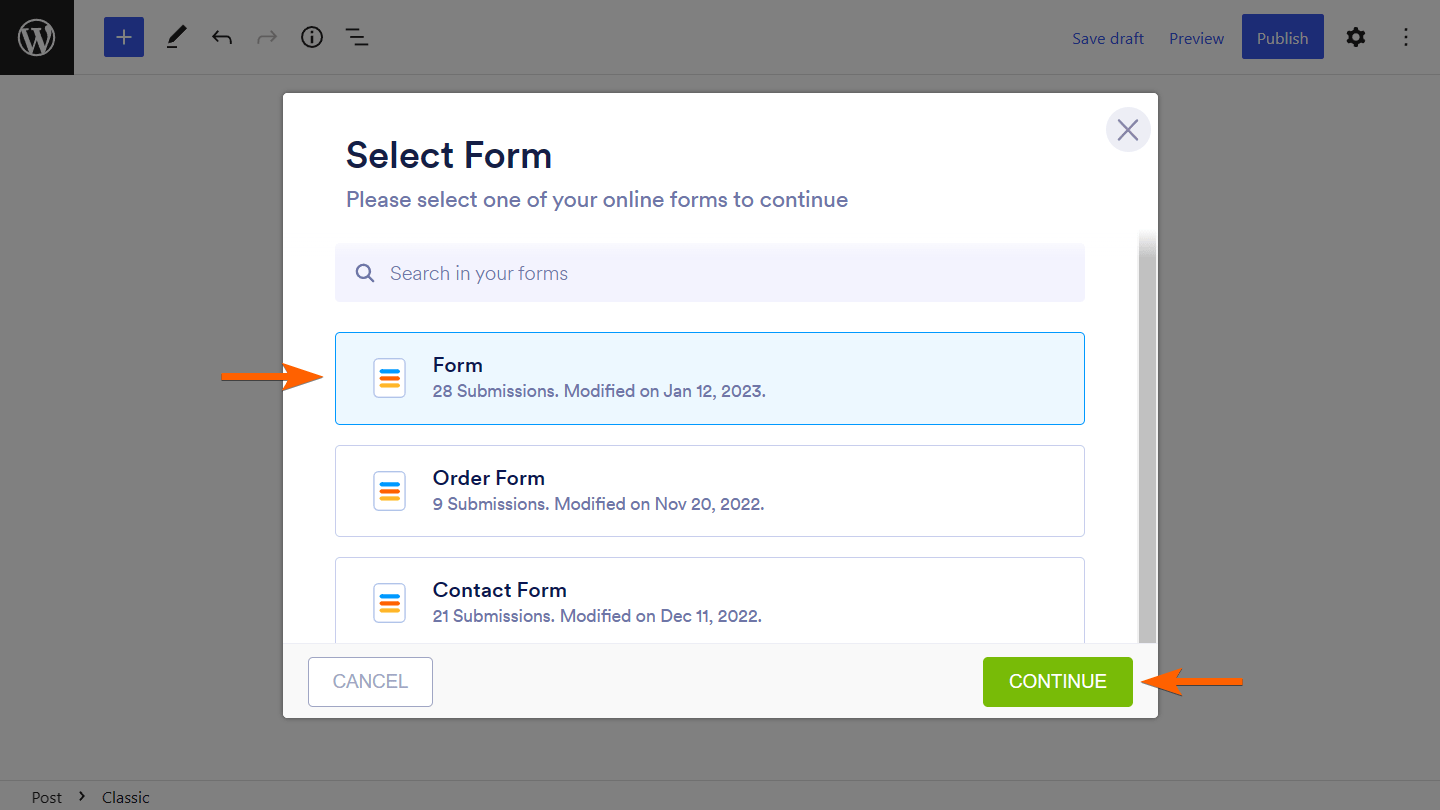 jendela pop-up pilih formulir Jotform di wordpress