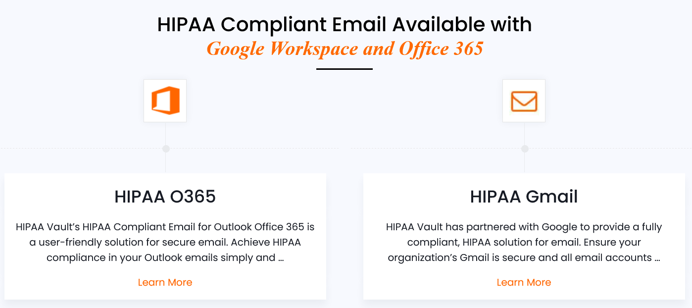 HIPAA Vault's email integration options Screenshot of HIPAA Vault’s Google Workspace and Office 365 email integration option descriptions