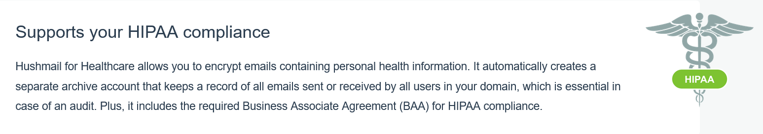 HushMail's HIPAA compliance statement A screenshot of HushMail's compliance statement, detailing how their compliance and auditing process works