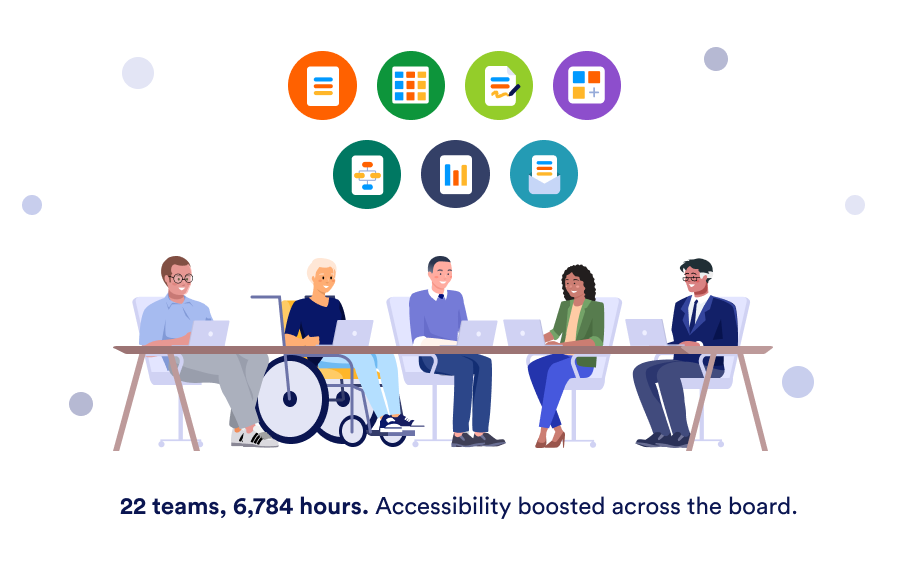 Illustration of a group of people working together along with Jotform product logos