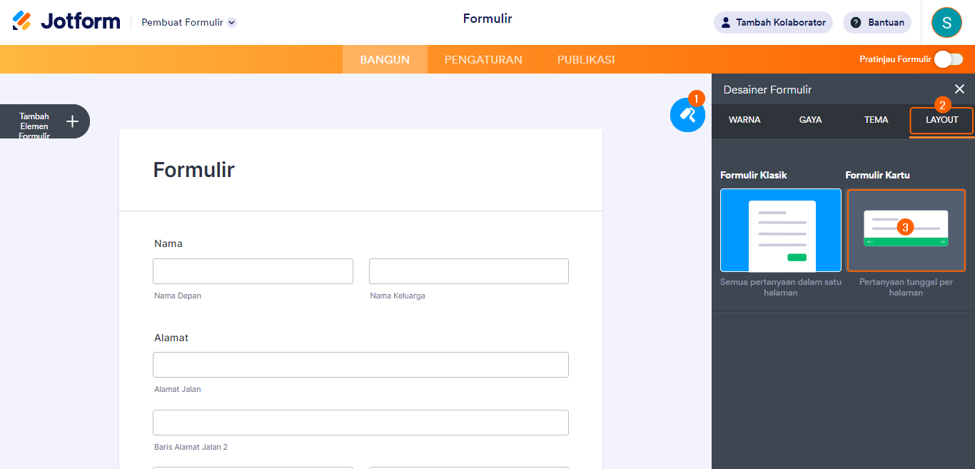 Mengubah layout pembangun formulir ke formulir kartu