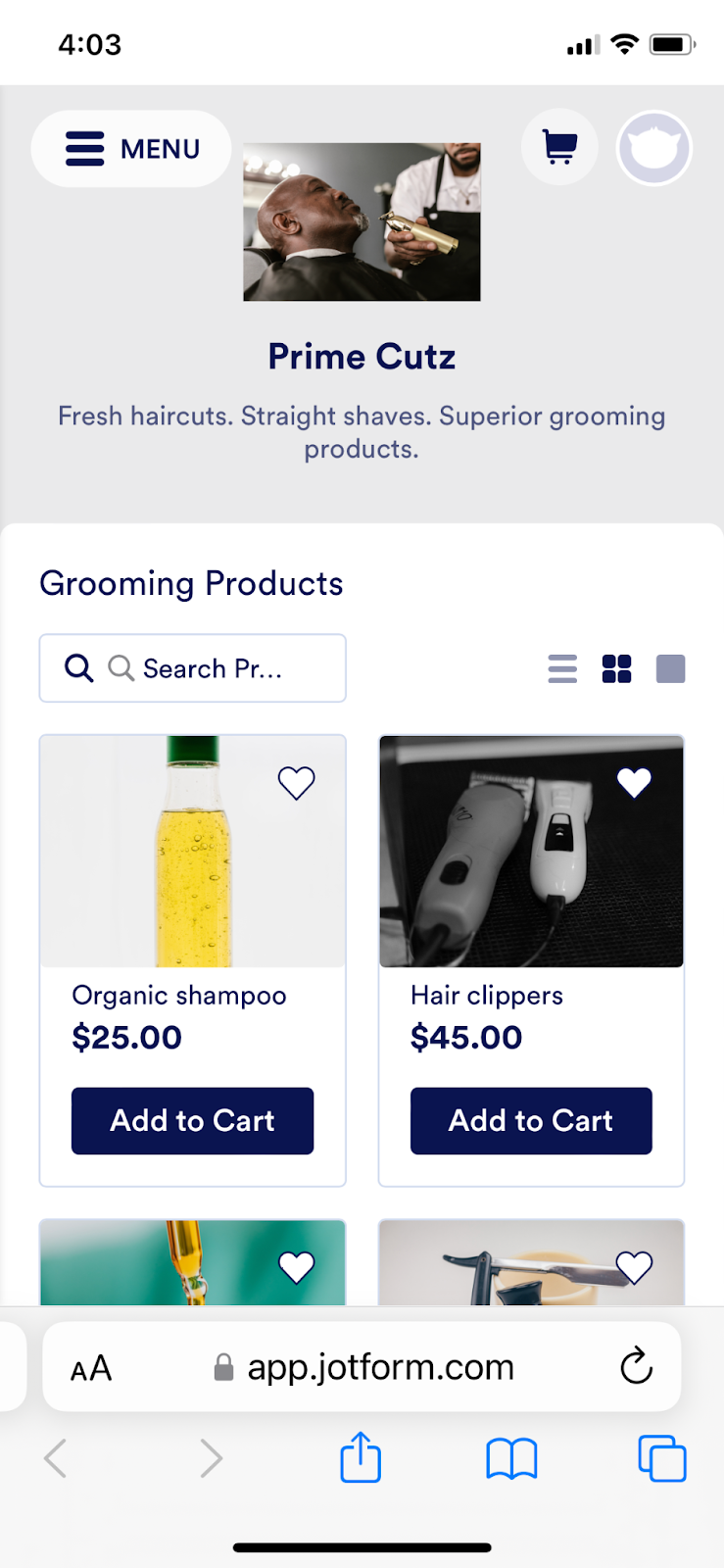 Image of Jotform Store Builder interface displaying a preview of an online storefront