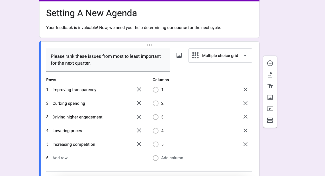 Bir resim, Google Form sıralama sorusu için satır ve sütunları içeren bir ızgara formatı gösteriyor