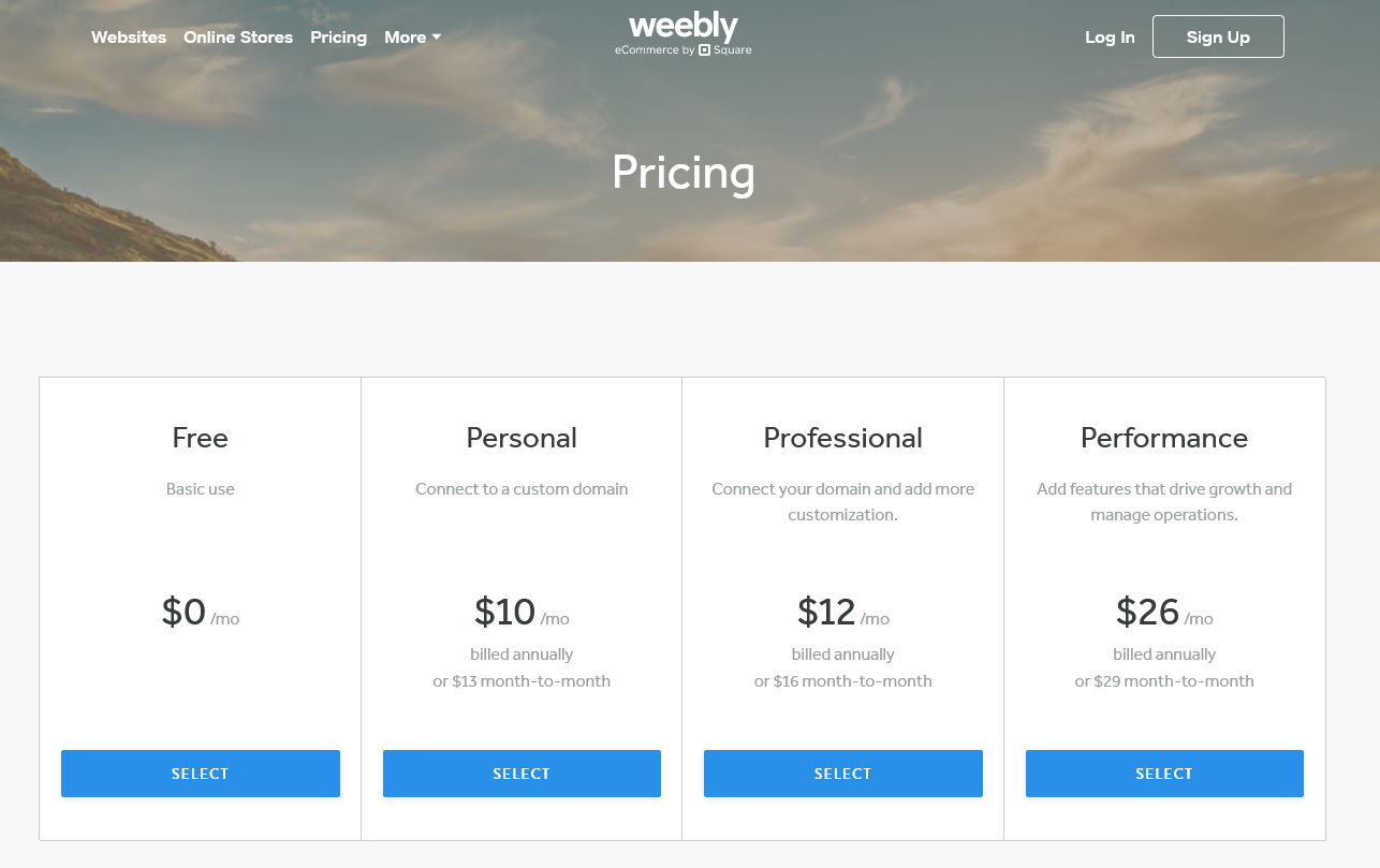 Screenshot of Weebly's pricing page