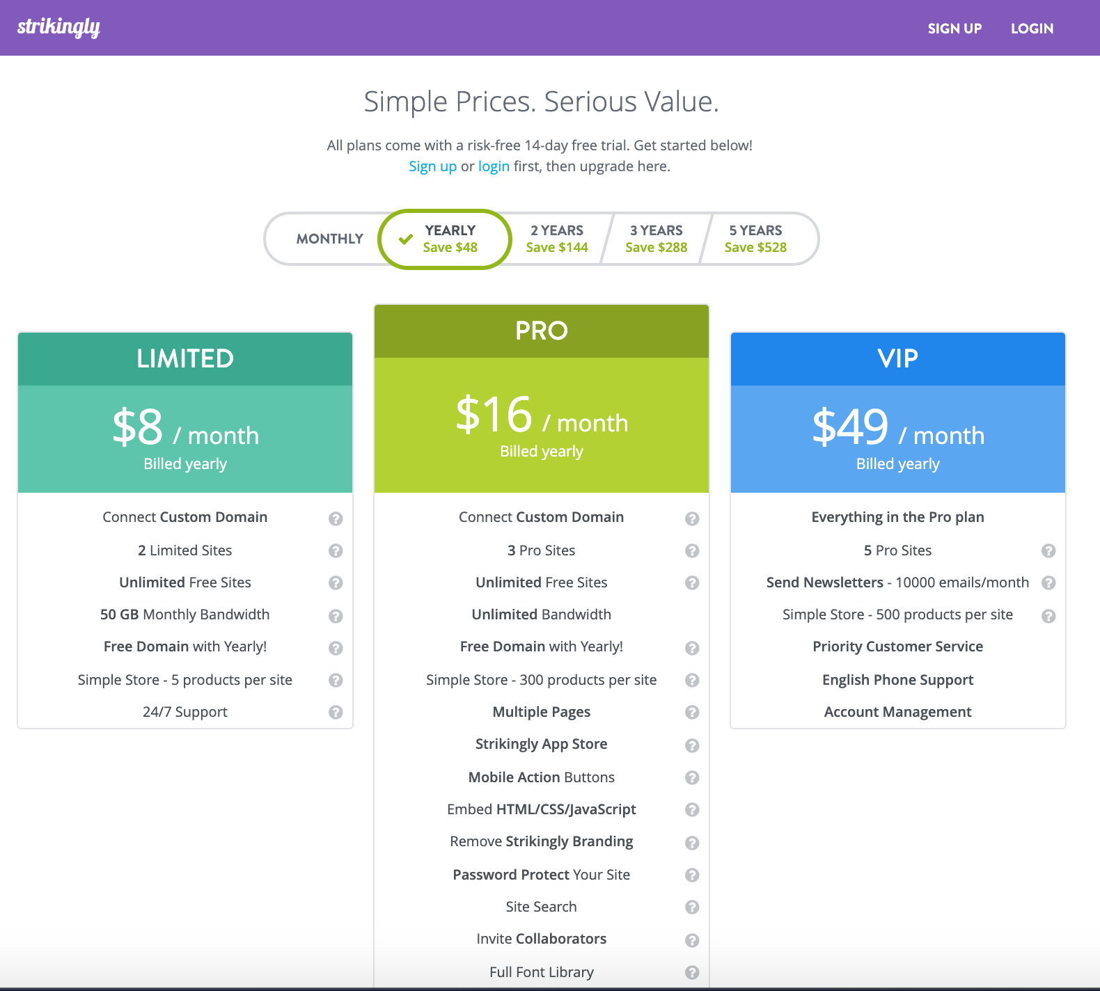 Screenshot of Strikingly's pricing page