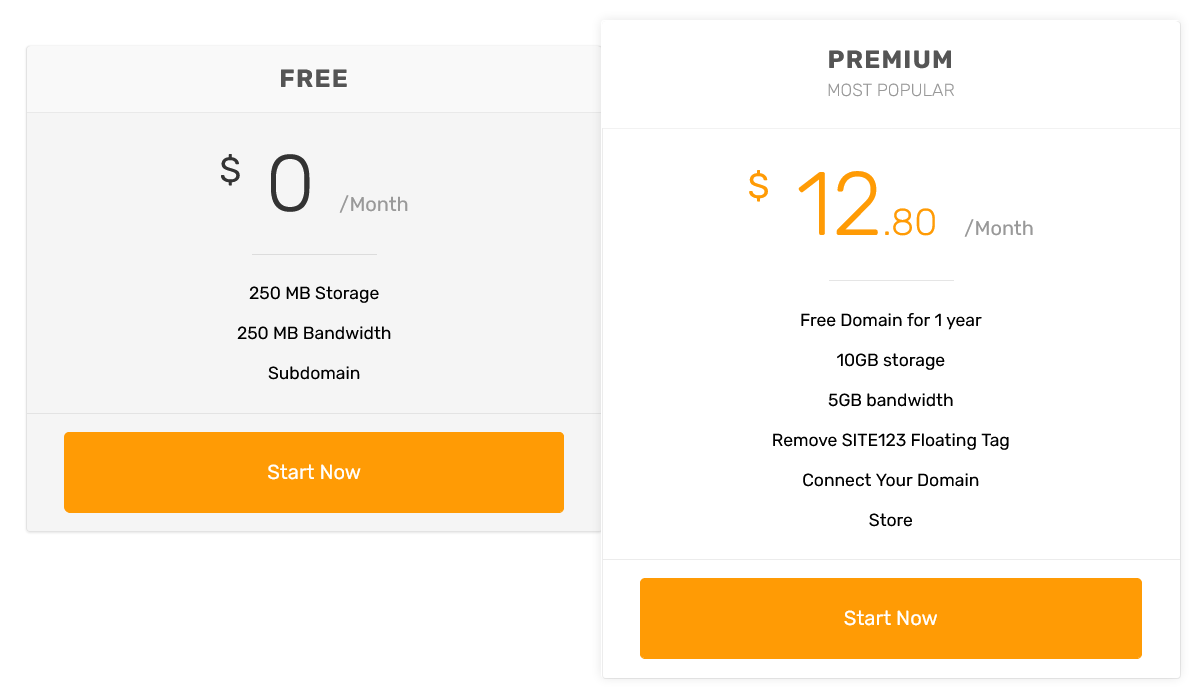 Screenshot of SITE123 pricing page