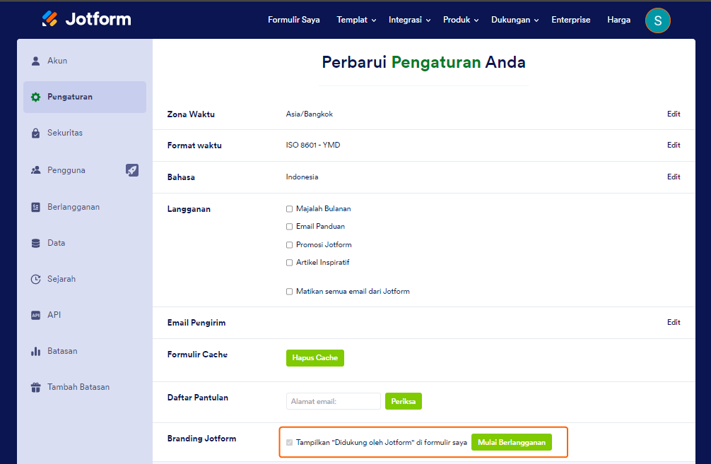 Tangkapan layar dari halaman Pengaturan Akun dengan sorotan pada opsi Merek Jotform