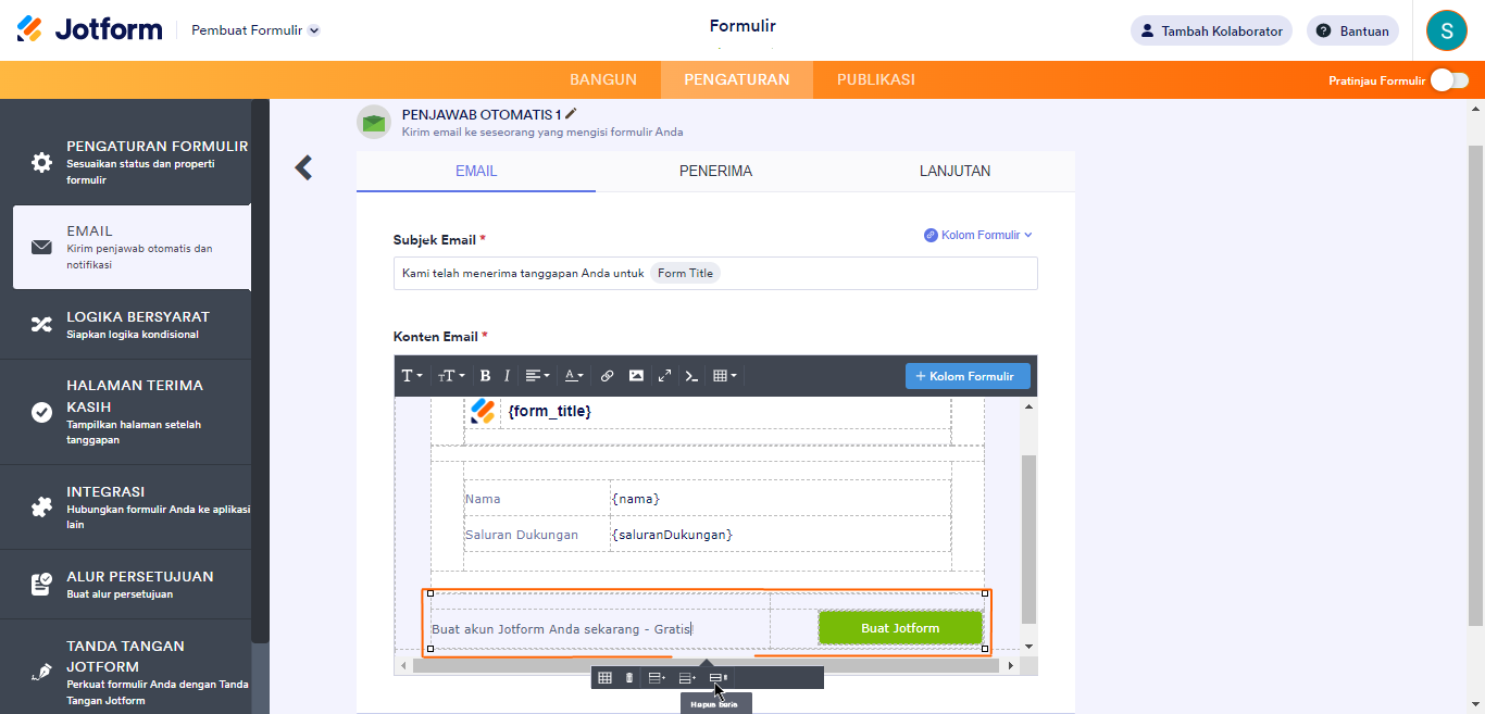 Tangkapan layar dari sorotan Pembangun Formulir merek Jotform dalam templat email Penjawab Otomatis