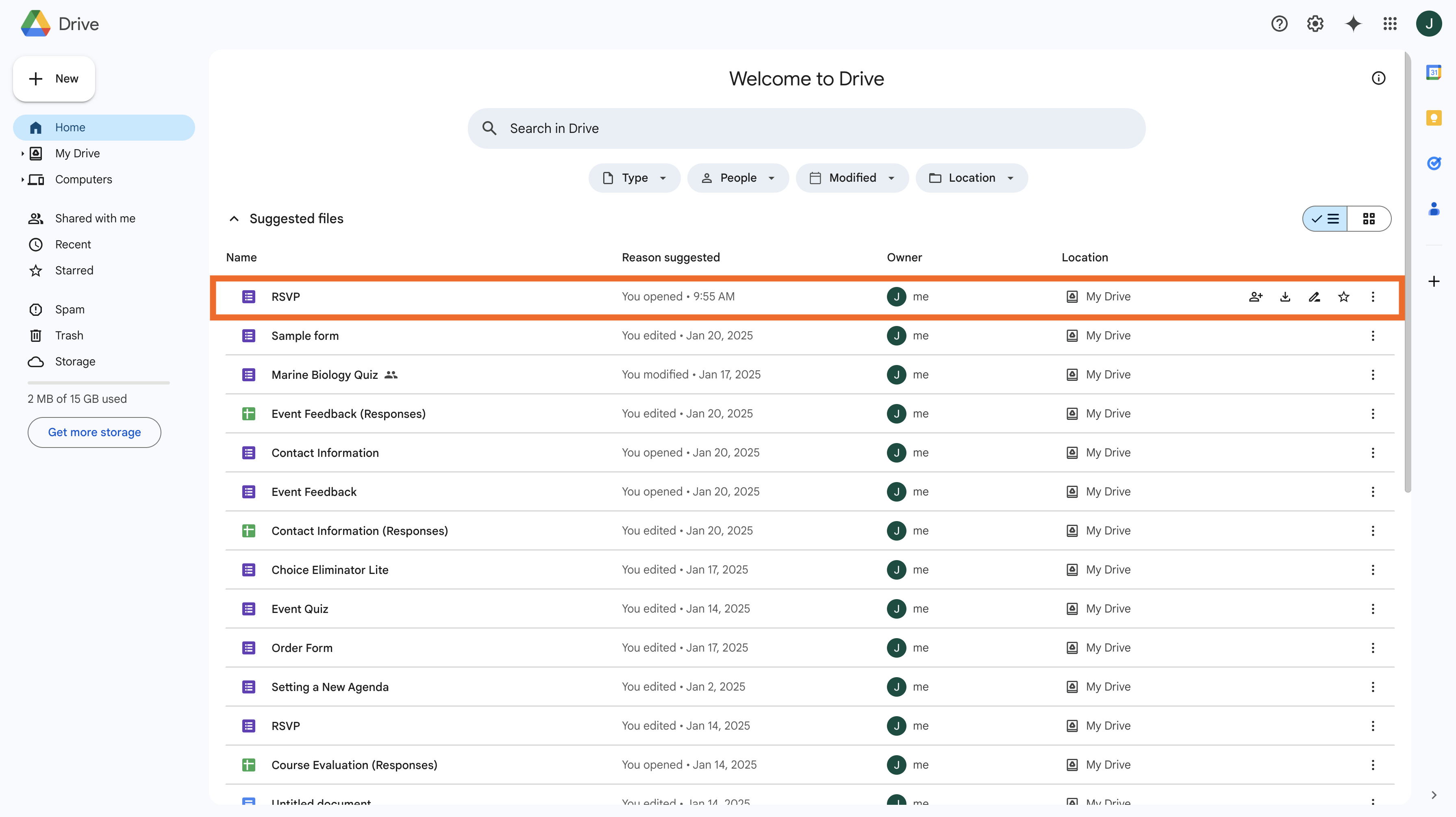 Screenshot of a Google Drive interface with a list of files and folders displayed