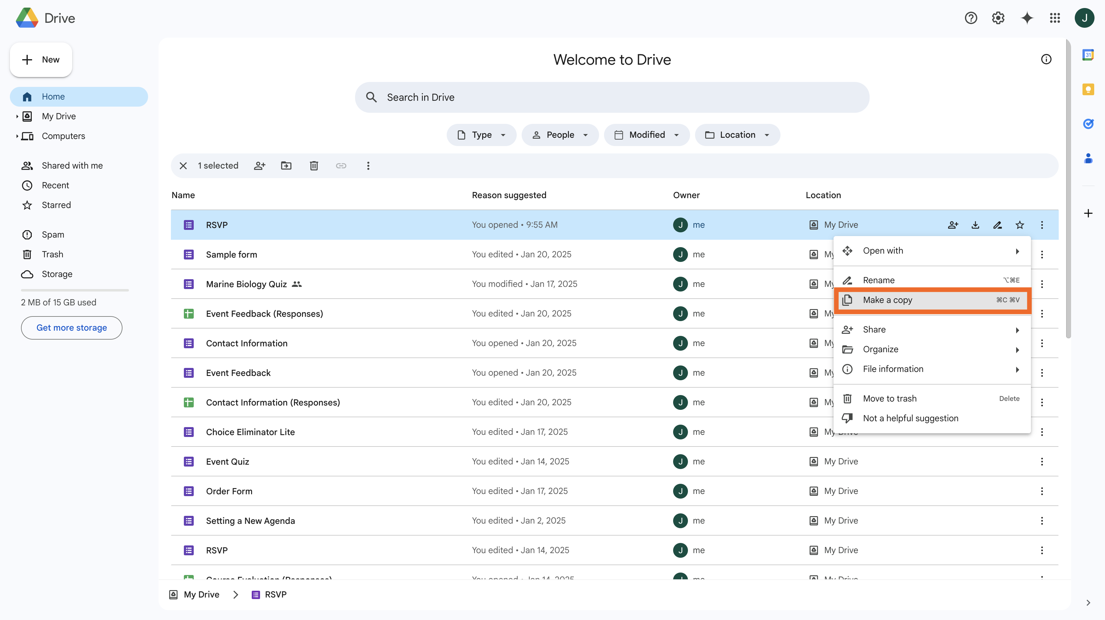 Screenshot of a Google Drive interface with a context menu open highlighting Make a Copy option