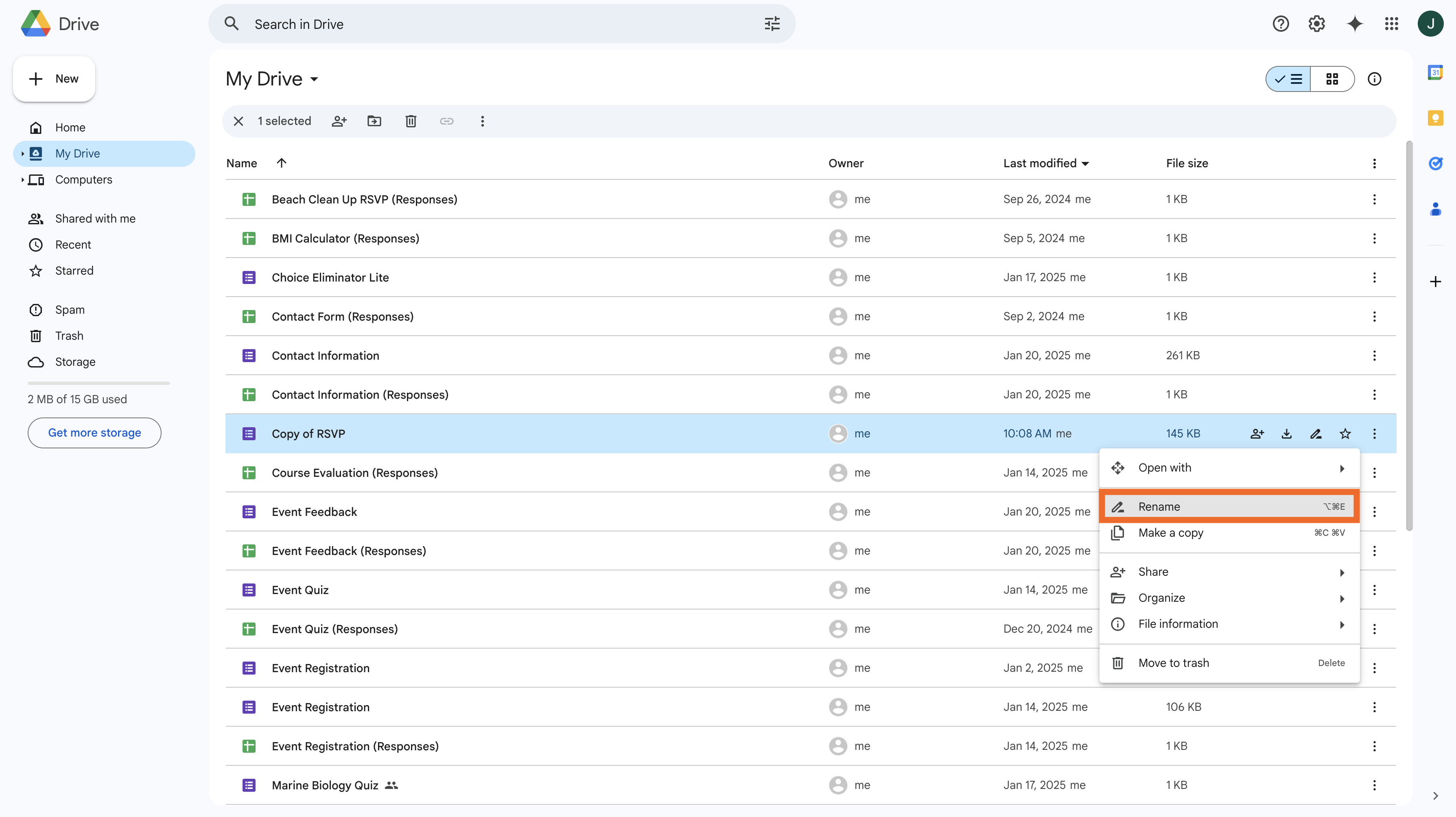 Screenshot of a Google Drive interface with a context menu open