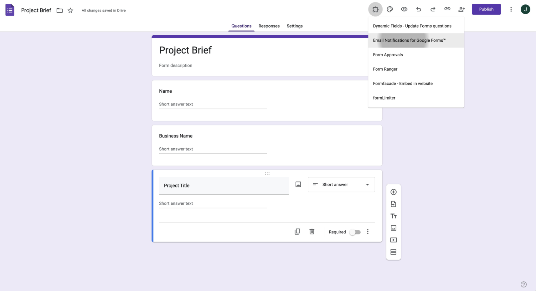Clicking on the Email Notifications for Google Forms option under the Add On options