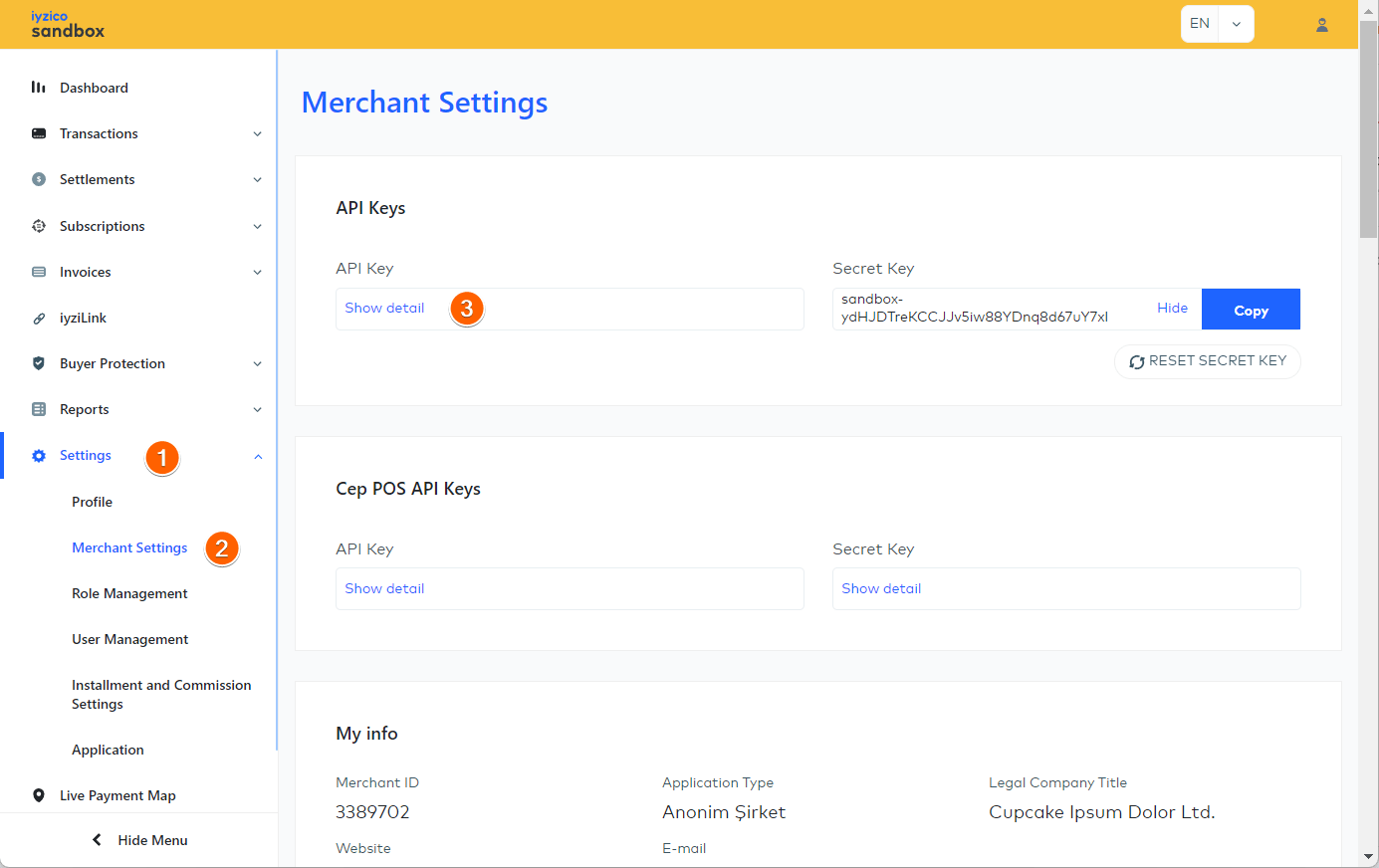 iyzico dashboard showing the API keys