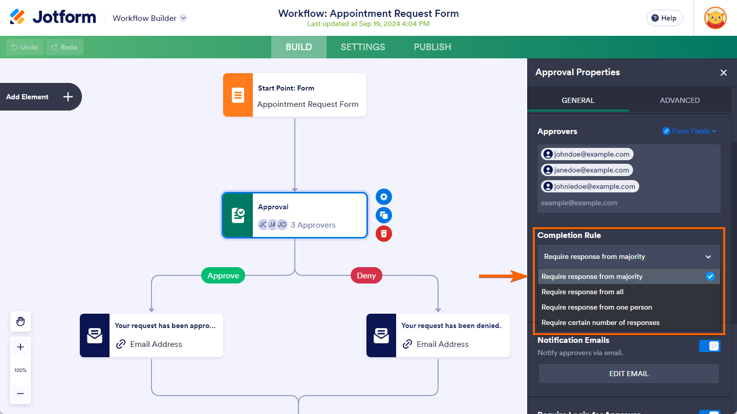 Completion Rule property of the Approvers element in Jotform Workflow Builder