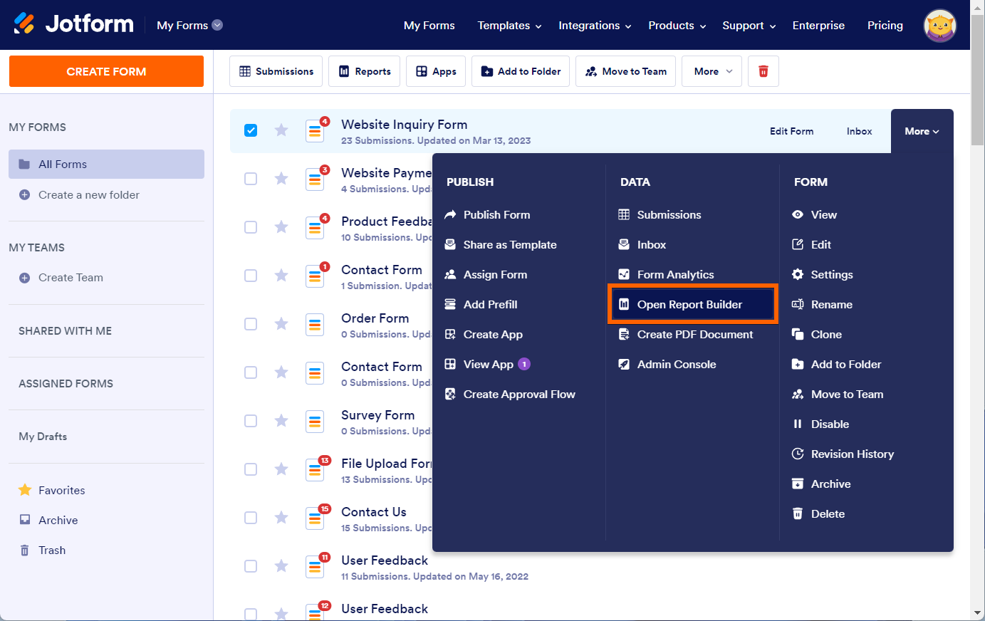 Open Report Builder by Clicking on More