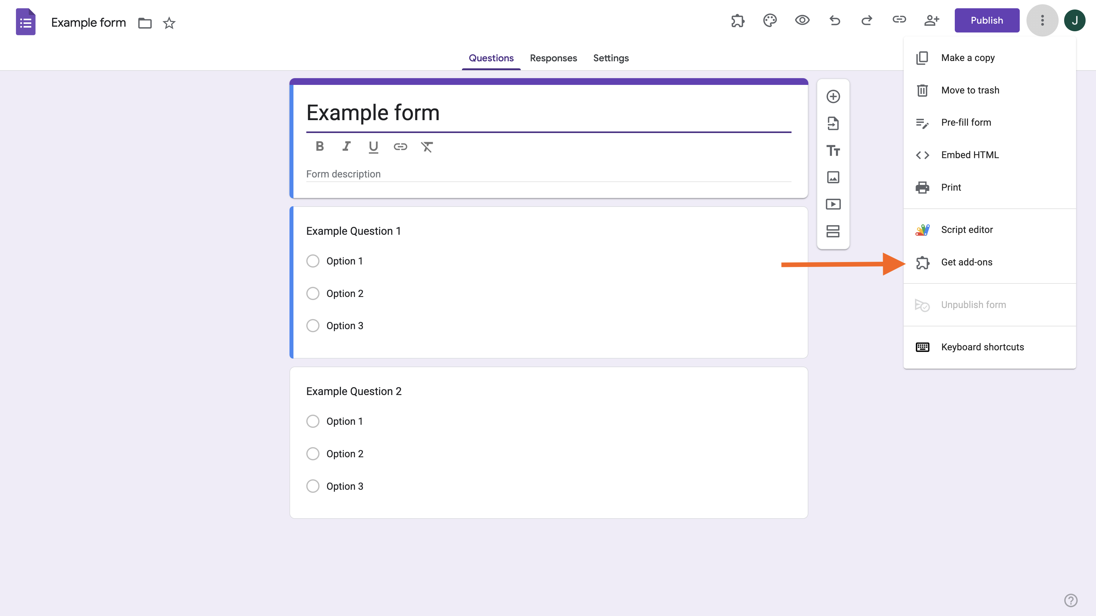 Clicking on Get add-ons option on Google Forms