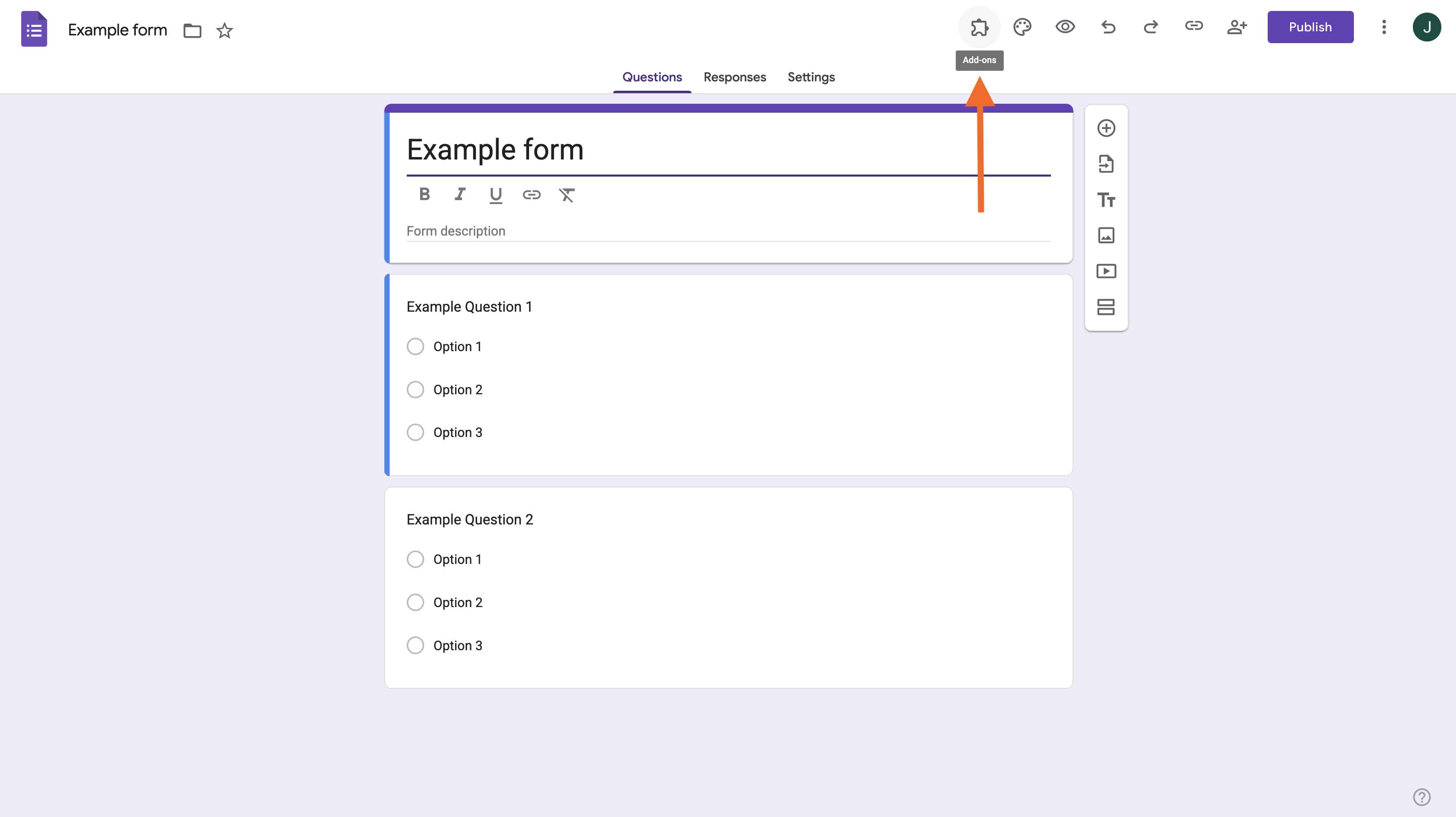 Clicking on the puzzle piece icon on Google Forms