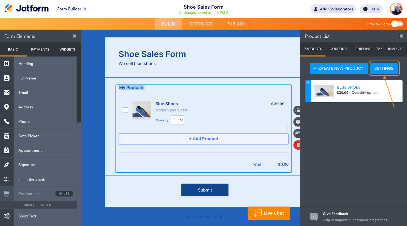 screenshot of the Product List options menu with the Settings button highlighted