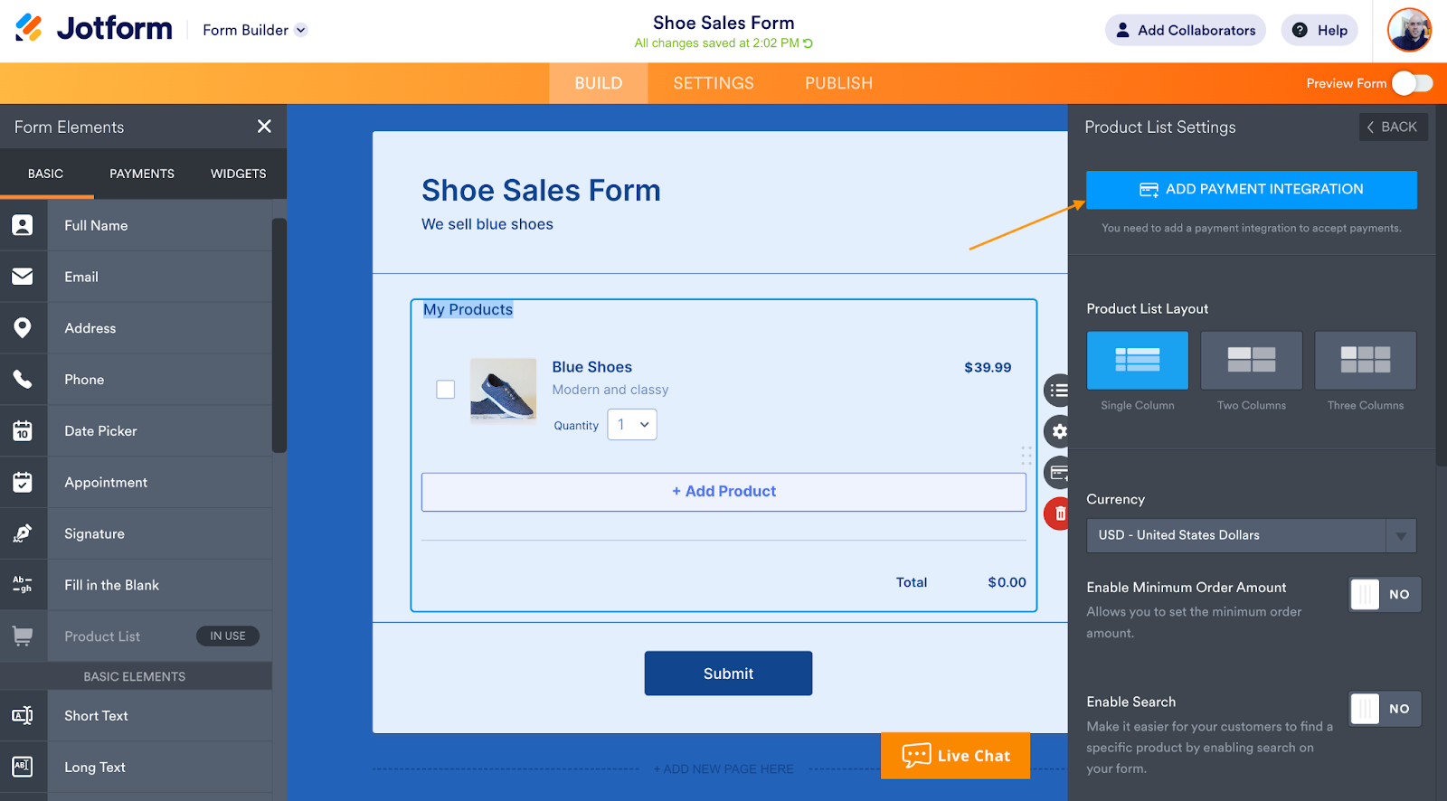 Image showing the Add Payment Integration button at the top of a menu