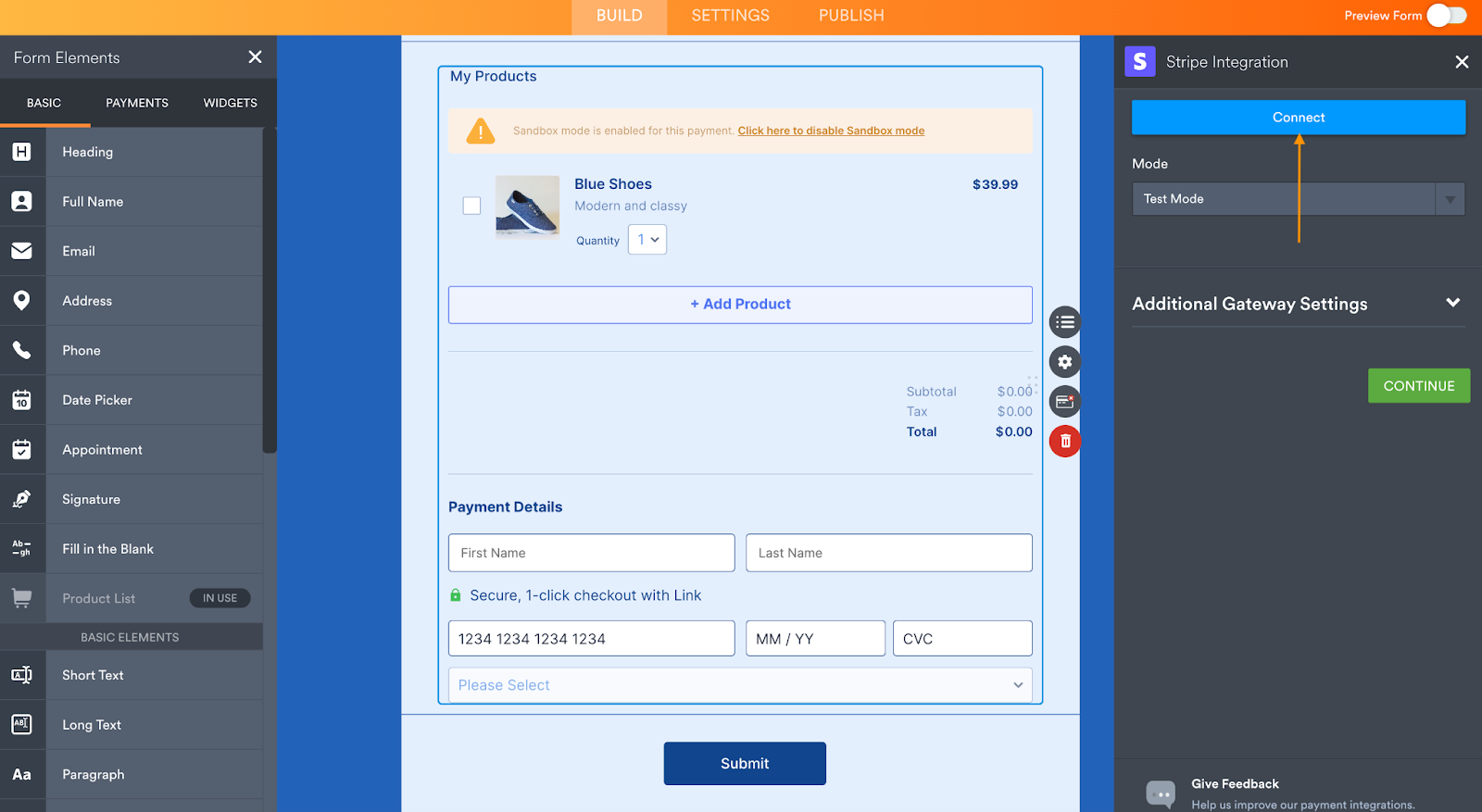 Visual guide displaying the Add Payment Integration popup menu with various payment processor options, highlighting Stripe, followed by the Connect button