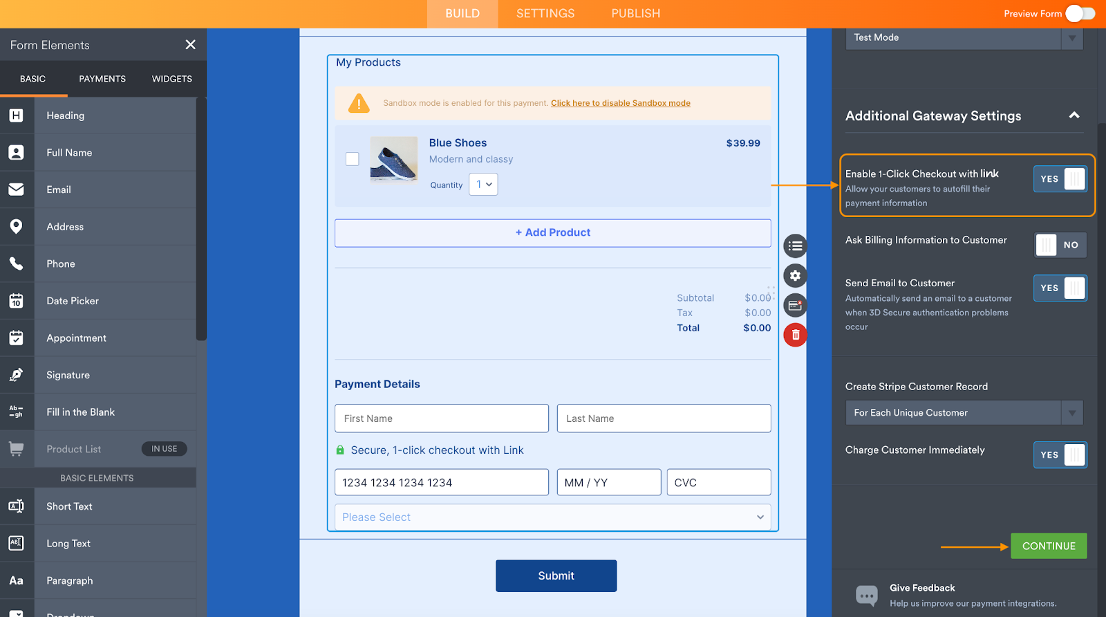 Screenshot displaying the Additional Gateway Settings with the Enable 1-Click Checkout with Link toggle button activated, emphasizing the Continue button at the bottom of the screen