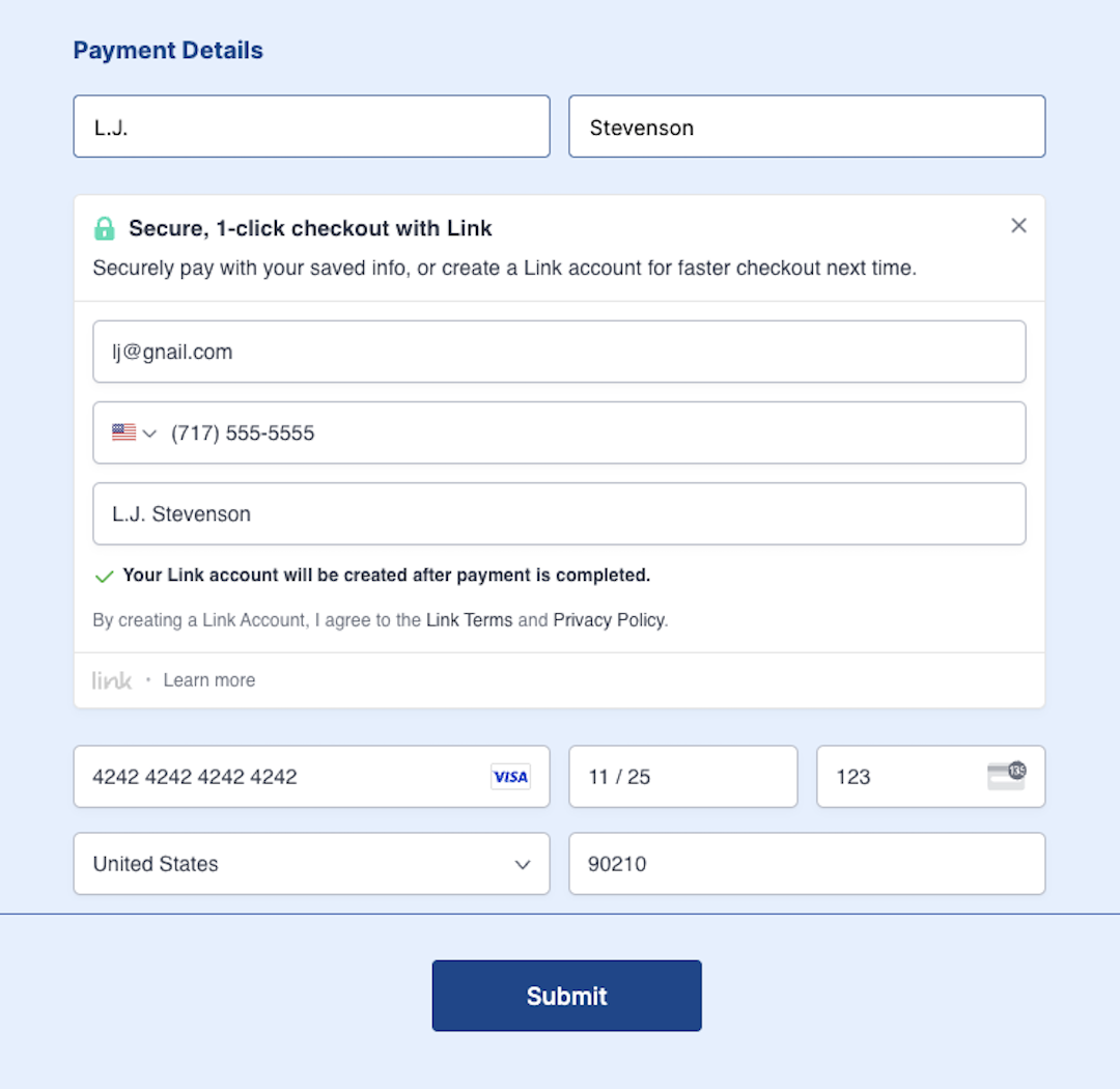 Image showing a dropdown menu for first-time Link users, prompting account creation after payment completion