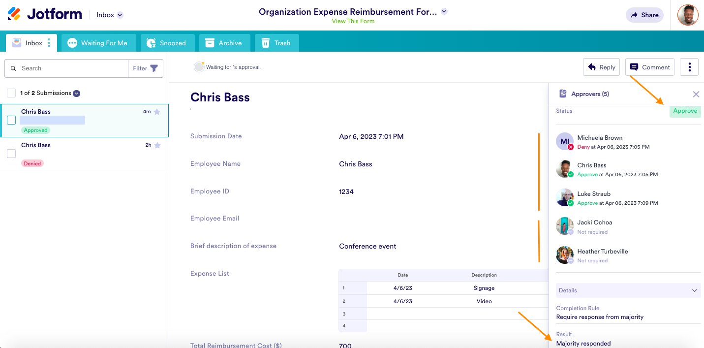 user interface of showing how group approvals are displayed in jotform inbox