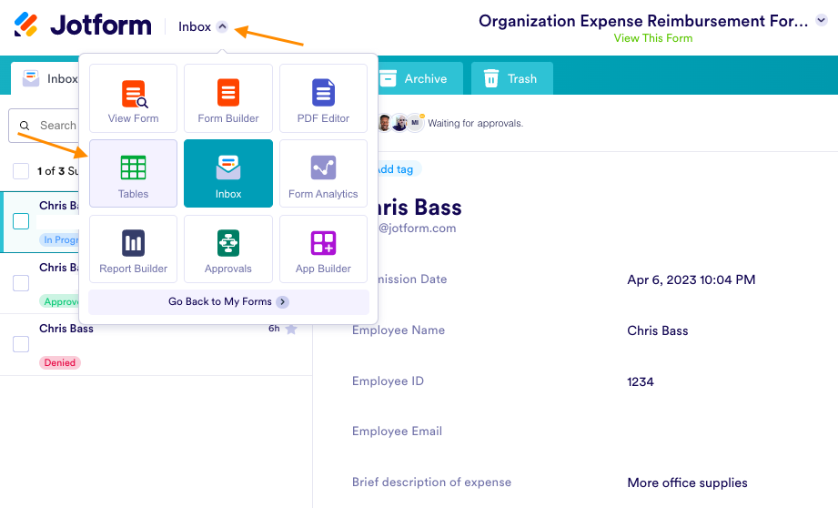 Screenshot showcasing the process of tracking approval workflows in Jotform Tables by clicking the arrow in the upper left corner and selecting the Jotform Tables option