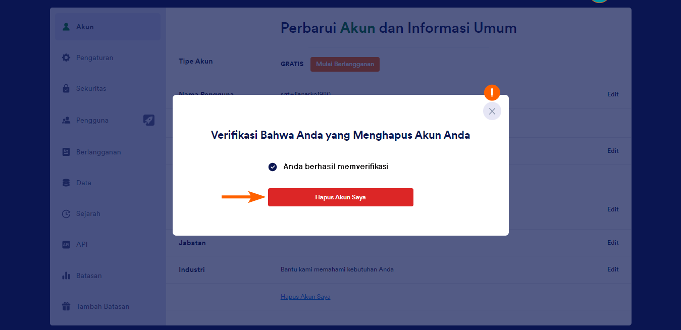 Jendela konfirmasi hapus pada halaman Profil Akun Jotform dengan sorotan pada tombol Hapus Akun Saya dan ikon tutup