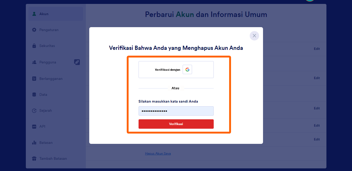 Tangkapan layar dari jendela "Verifikasi Bahwa Anda yang Menghapus Akun Anda: harap masukkan kata sandi Anda" pada halaman Profil Akun Jotform