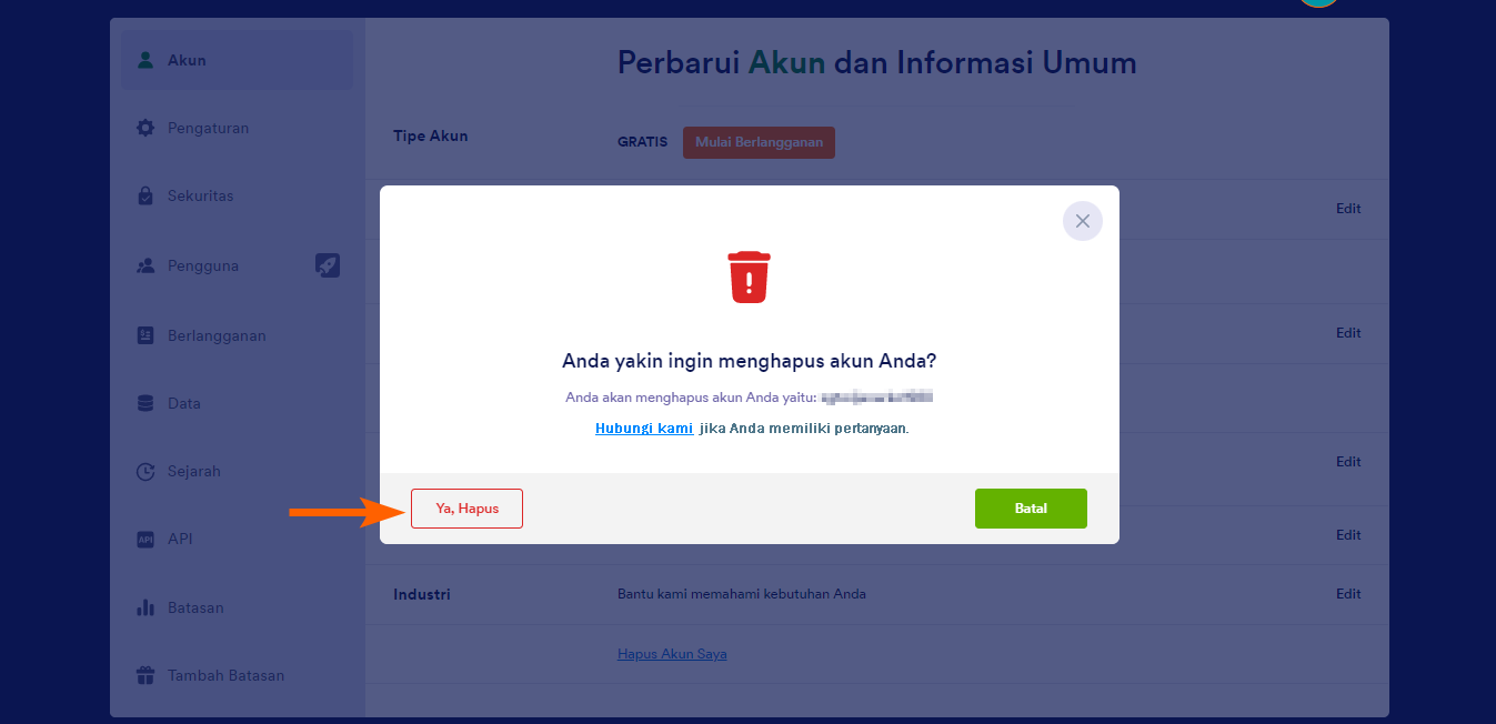 Panah menunjuk ke "Ya, Hapus" pada halaman Profil Akun Jotform