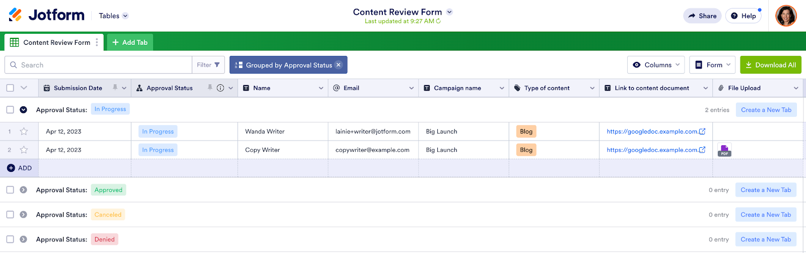 A visual representation of Jotform Tables displaying various approval statuses, such as in process, completed, canceled, and denied