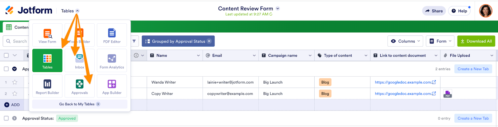 Image showing the top-left arrow icon being clicked to reveal a dropdown menu, allowing users to easily switch between Approvals, Inbox, and Tables sections within the Jotform platform