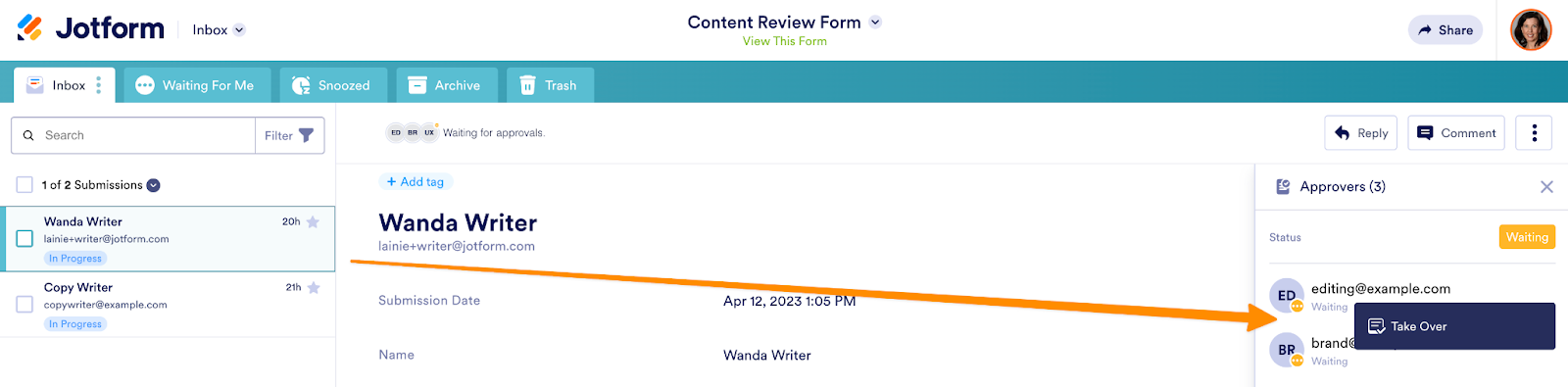 Screenshot highlighting the hamburger button next to an approver's name, which, when clicked, reveals the 'Take Over' option, enabling the workflow owner
