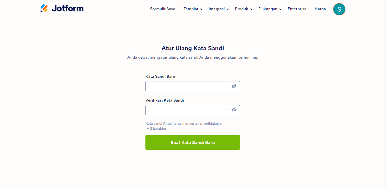 Halaman Atur Ulang Kata Sandi Jotform