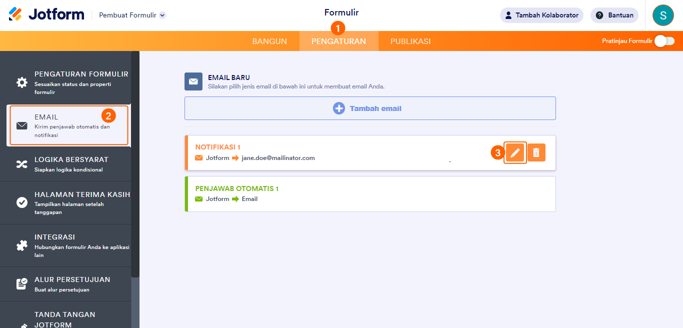 Templat edit email Jotform