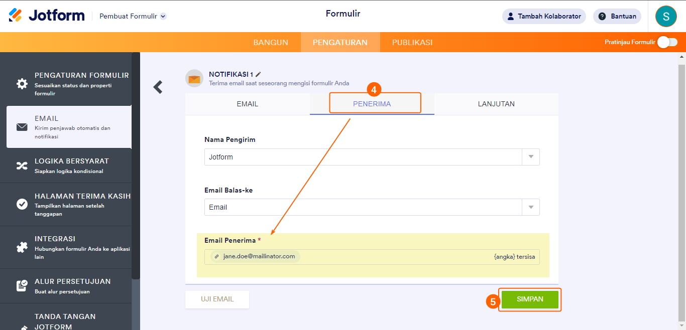 Templat edit email penerima Jotform