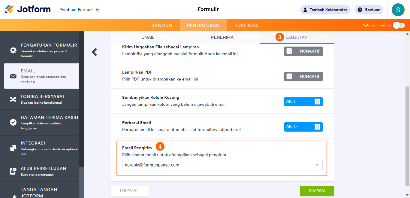 Tab lanjutan notifikasi Jotform