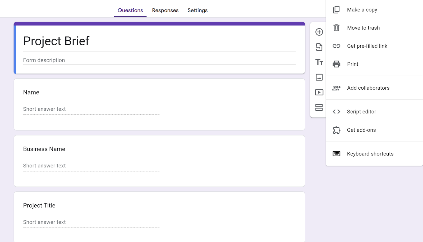 Cuplikan layar Google Form dengan menu Lainnya yang diperluas