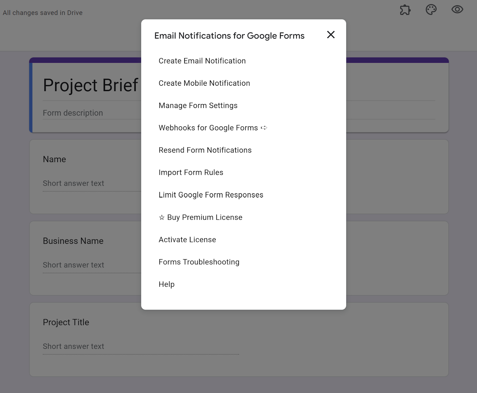 Cuplikan layar menu opsi add-on Pemberitahuan Email untuk Formulir
