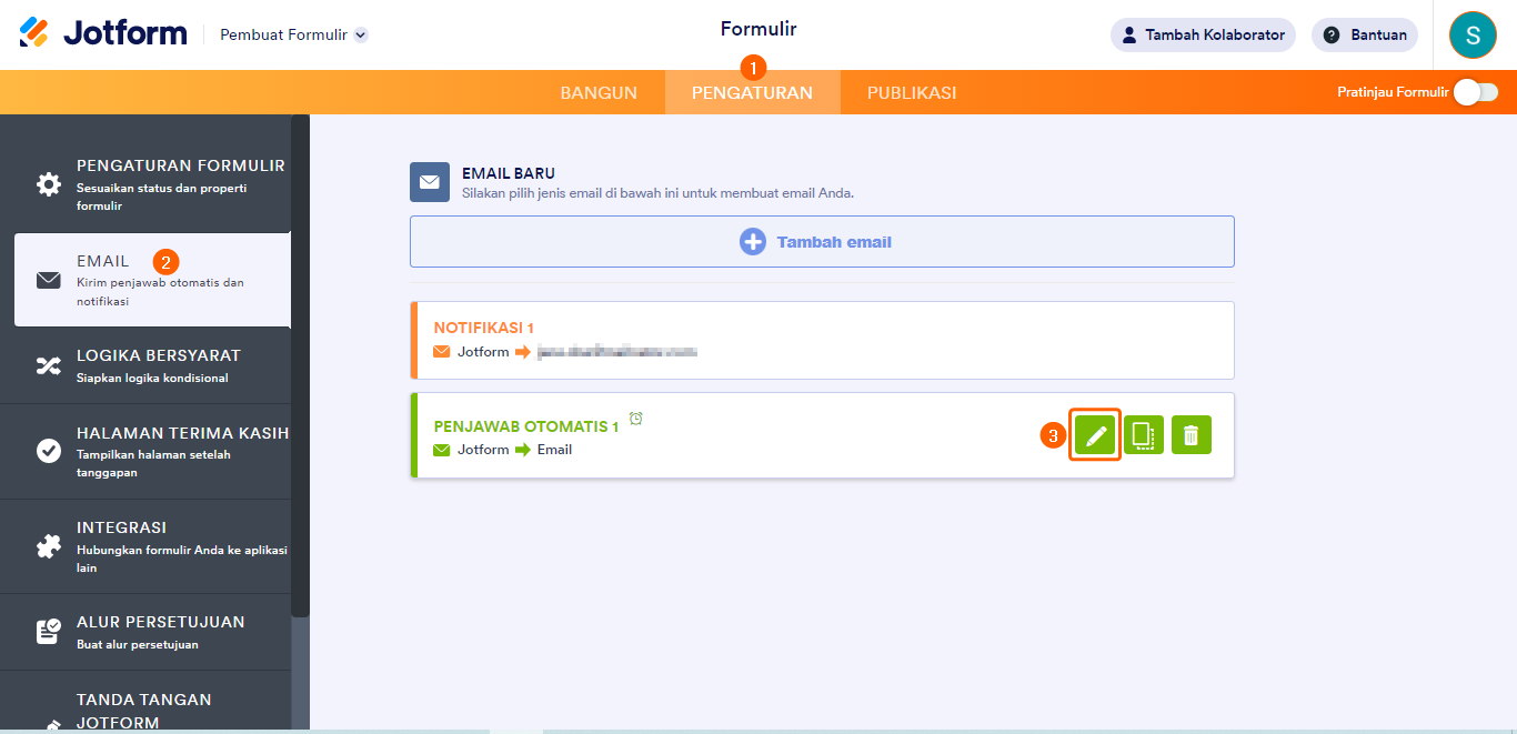 Tab Pengaturan Jotform dan sub tab email ditunjukkan dengan nomor