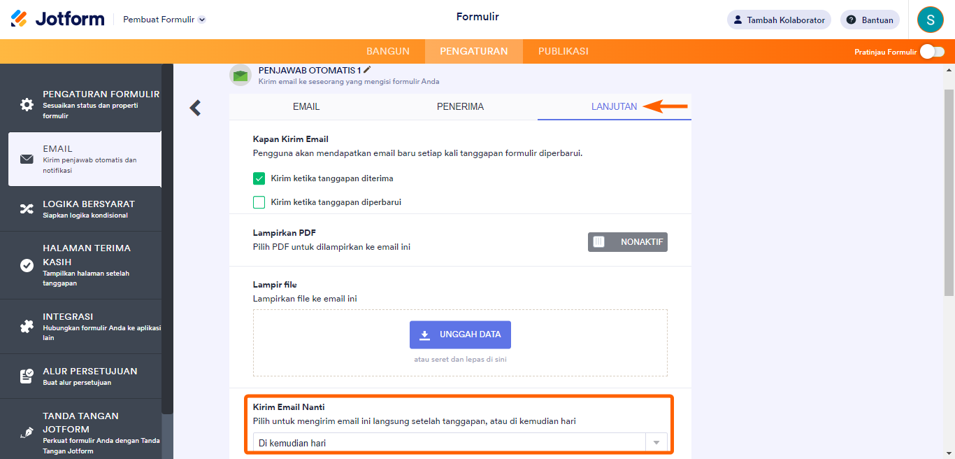 Tab Email Jotform mengarah ke Kirim Email Nanti dengan kotak merah